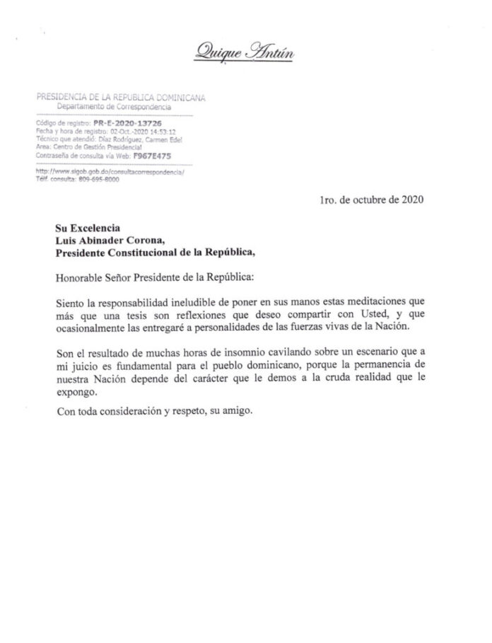 Carta del Presidente del PRSC Quique Antún al Presidente de la ...