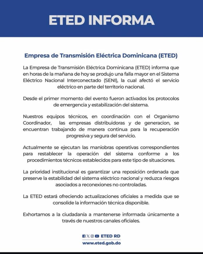 La Empresa de Transmisión Eléctrica Dominicana (ETED) informó que...