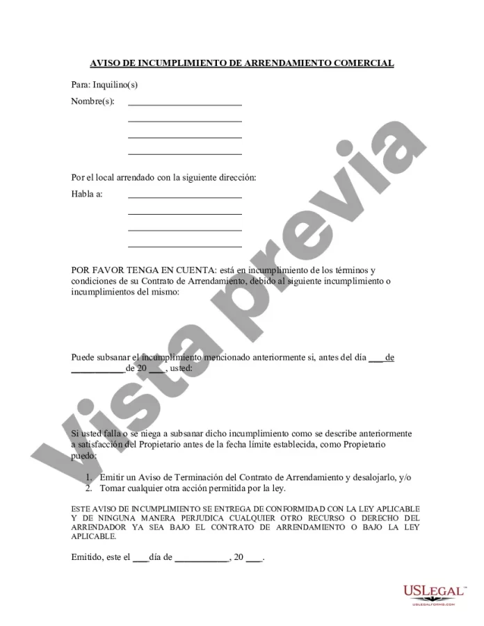 Carta del Propietario al Inquilino como Aviso de Incumplimiento de...